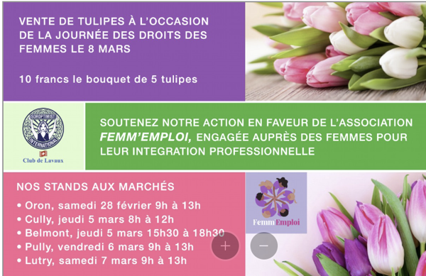 Soroptimist Club de Lavaux: vente de tulipes à l'occasion du 8 mars 2026