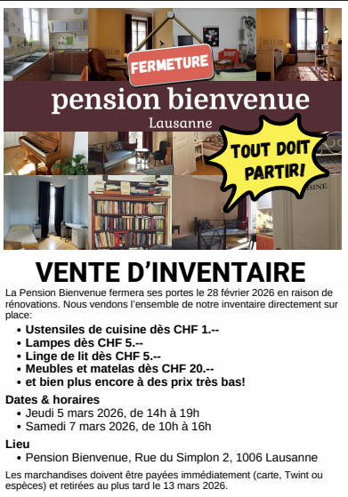 Pension bienvenue Lausanne: VENTE D’INVENTAIRE